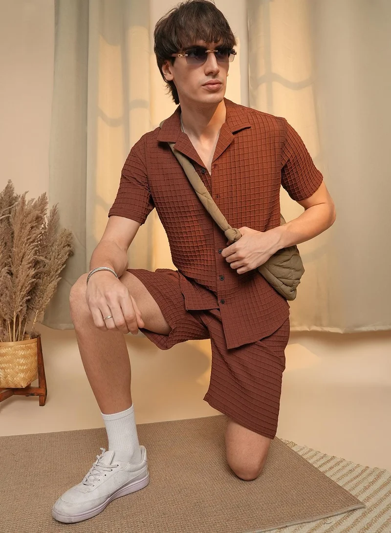 Campus Sutra Men's Chocolate Brown Waffle-Textured Co-Ord Set For Casual Wear | Cuban Collar | Short Sleeve | Button Closure | Co-Ords Crafted With Comfort Fit For Everyday Wear